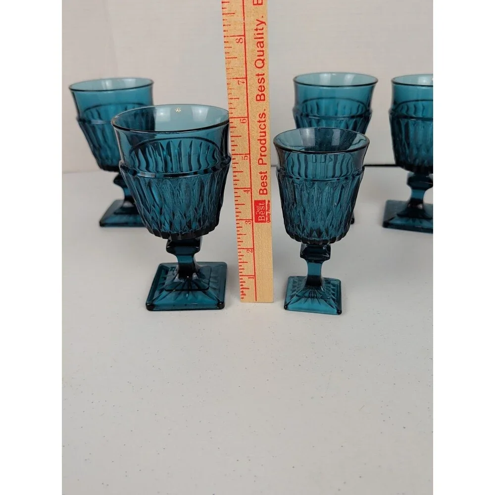 Rare 1970s Vintage Blue Indiana Glass Mt Vernon Footed Goblets Set Of 8